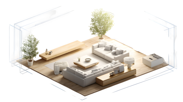 A fully connected living room with smart furniture that adjusts to user activity and comfort preferences