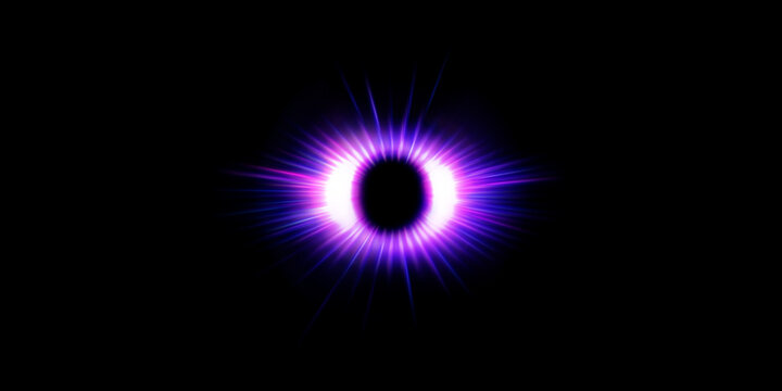 An abstract illustration of a glowing purple eye-like shape with radiant beams.