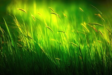 Vibrant green grass, backlit by sunlight