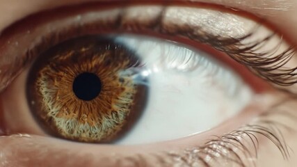 Extreme close-up of a hazel eye; the iris is complex, textured, with a dark pupil and light reflecting. Long eyelashes frame the eye - Powered by Adobe