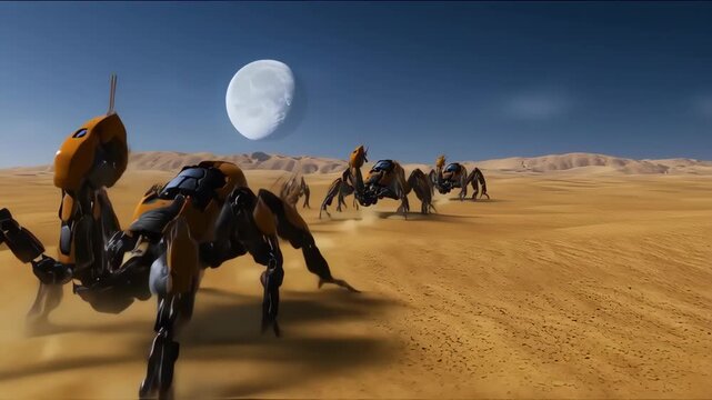 Mechanical arachnid-like vehicles traversing a vast desert landscape under a bright blue sky, with a large moon visible in the distance