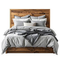Cozy wooden bed with gray bedding on transparent background