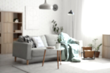 Interior of living room with cozy sofa, coffee table, houseplant and floor lamp. Blurred view