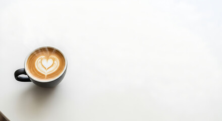 Top view of a cup of hot latte coffee with heart shape art on a white table background