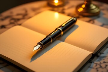 Elegant Fountain Pen Resting on Open Lined Notebook