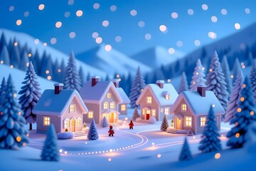 Enchanting Winter Village Scene with Festive Lights