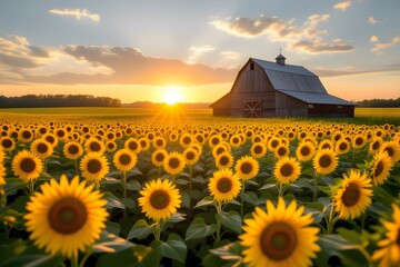 Golden Hour Sunflower Field with Rustic Barn