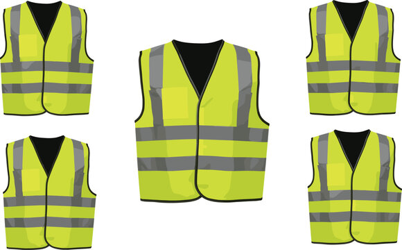 Cad drawing flat vector illustration, five yellow reflective safety vests with black inner lining, high visibility apparel for industrial, road, construction workers.