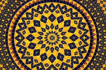 Intricate Geometric Mandala Pattern with Yellow, Blue, and Red