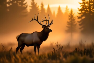 Majestic Elk Standing in Misty Forest Sunrise