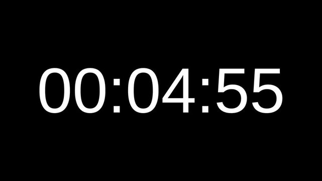 Countdown timer from 5 minute to 4 minute with white number on black background. Countdown timer for deadline reminders, time management concepts, and scheduling 