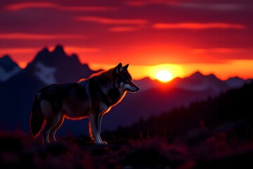 Majestic Wolf Silhouetted Against Fiery Sunset Over Mountains