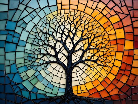 Tree mosaic stained glass art colorful branches roots nature design illustration artistic style