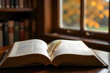 Open Book with Golden Feather Bookmark in Library Setting