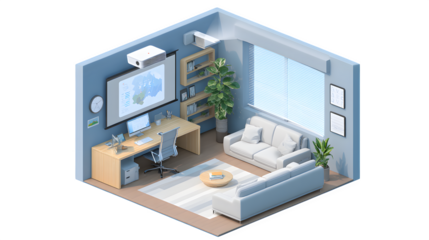 A modern home office with a smart projector system for presentations and remote meetings