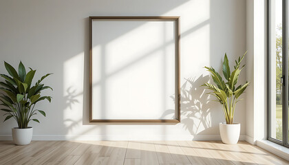 Fototapeta premium A sunlit space featuring a centered framed canvas on a white wall with two plants flanking a window, 32K Resolution