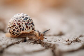 Close-up of a snail with a leopard-patterned shell crawling slowly on cracked earth, captured in natural light with delicate texture and National Geographic-style detail.