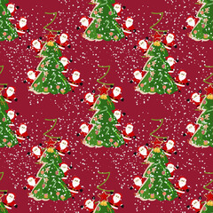 Santa Claus with pine on a red background. Hand-drawn vector seamless pattern. Idea for wallpaper, gift wrapping, and cards.