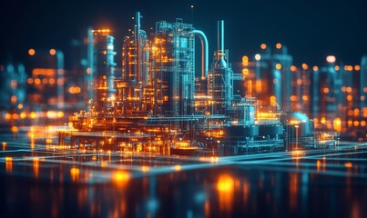 Industry 4.0 concept with a smart factory building on a dark background, evoking a futuristic sense of cyberspace and advanced automation in industrial processes, Generative AI