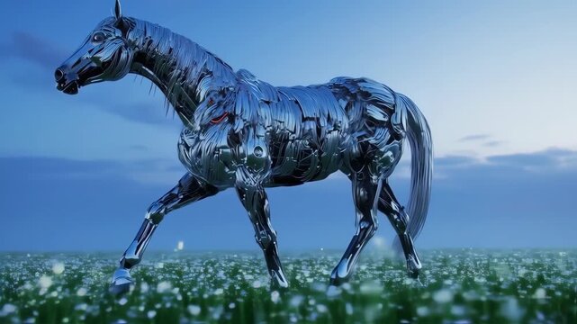 Futuristic metallic horse in a meadow