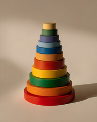 Colorful Ring Tower Toy Stacked with Different Size Rings on Beige Background