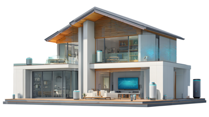 A modern home with advanced voice-controlled devices, controlling everything from entertainment to lighting