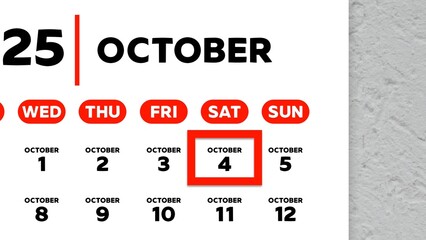 Close-up of the date October 4th marked with a red cursor on the wall calendar 2025