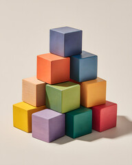 Obraz premium Colorful Wooden Blocks Stacked in a Pyramid Shape on Neutral Background