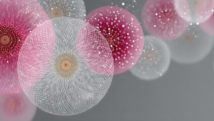 Abstract spheres, translucent, and delicate, in shades of pink and grey, with intricate patterns, floating in mid-air