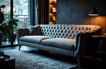 Obraz premium A stylish gray tufted sofa in a modern living room with warm lighting and large window