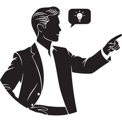 A businessman in a suit pointing towards an idea bulb, symbolizing innovation and problemsolving isolated on white background