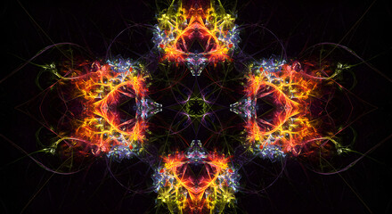 Naklejka premium Vibrant Symmetrical Fractal Art with Glowing Abstract Energy and Fiery Tones on Black Background