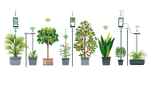 A smart garden with automated plant care, including soil sensors, irrigation, and light control