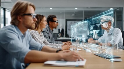 Visionary Business: A group of professionals engages with a cutting-edge holographic interface, demonstrating a seamless integration of technology in a collaborative meeting environment. - Powered by Adobe
