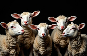 Fototapeta premium Five young sheep with woolly coats and alert expressions pose against a black background