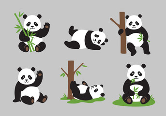Naklejka premium Six adorable panda bears in various poses, interacting with bamboo and trees.