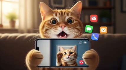 A ginger tabby cat is holding a smartphone and having a video call with another cat, with app icons floating around, creating a fun and modern communication scene - Powered by Adobe