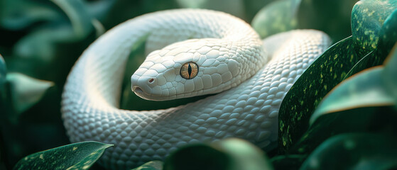 White snake with textured scales and piercing eyes is coiled among lush green leaves, creating striking contrast. scene is illuminated with soft, natural light, highlighting snake intricate