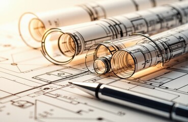 Architectural blueprints with rolled-up plans and a pen on a drafting table