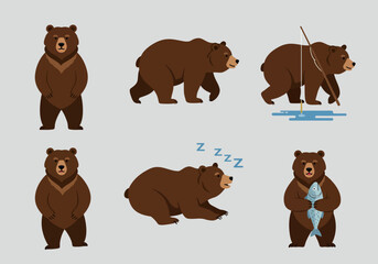 Fototapeta premium Six brown bear illustrations depicting various actions: standing, walking, fishing, sleeping, and holding a fish.