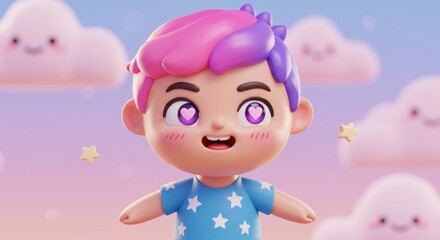 A cartoon character with pink and purple hair in a blue shirt