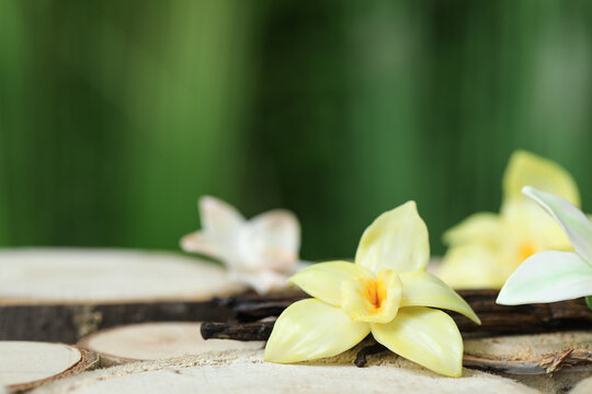 Aromatic vanilla pods and flowers on table outdoors