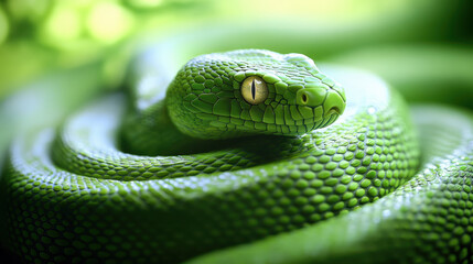 Fototapeta premium Vibrant green snake with intricate scales is coiled gracefully, its piercing eyes focused intently. lush background enhances its vivid color, creating striking and captivating image