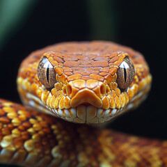 Fototapeta premium Close up of vibrant orange snake with intricate scale patterns and piercing eyes, showcasing its detailed texture and intense gaze. background is softly blurred, highlighting snake features