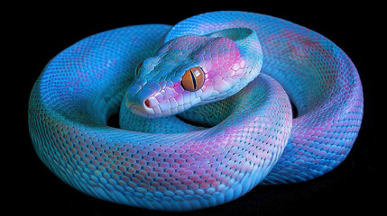 Vibrant blue and pink snake with striking scales is coiled against black background, showcasing its mesmerizing colors and texture. snake eyes are captivating and intense