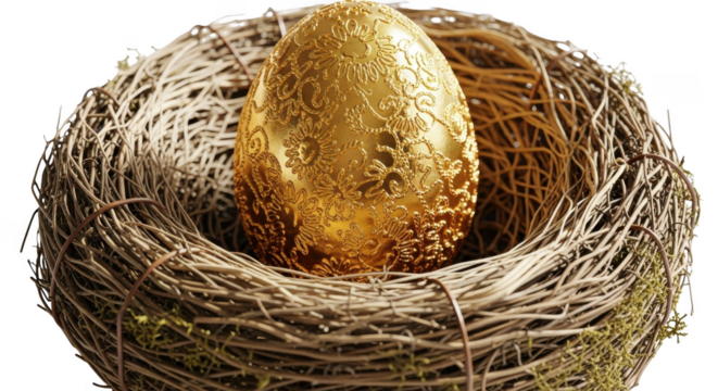 Golden egg nestled in a detailed natural twig bird nest for prosperity and wealth concepts transparent background