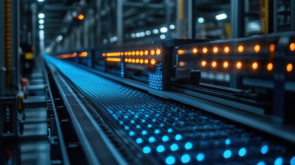 Naklejka premium Futuristic factory assembly line with glowing blue and orange lights creates high tech atmosphere. perspective emphasizes endless, efficient production process
