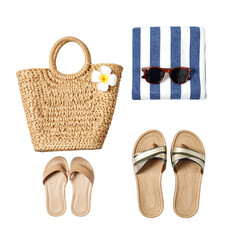 Summery beach essentials composition with bag and sandals on transparent background