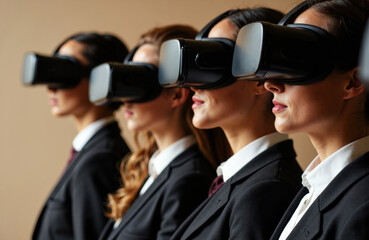 People wearing virtual reality headsets in a row, engaging with immersive digital experiences