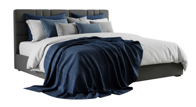 Luxurious bed with plush pillows and cozy blanket for modern bedroom comfort transparent background